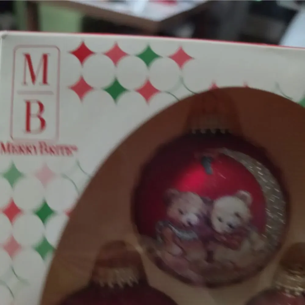NOS Vtg 4 Merry Brite Christmas Glass Ornaments Teddy Bears Moon 2 1/2